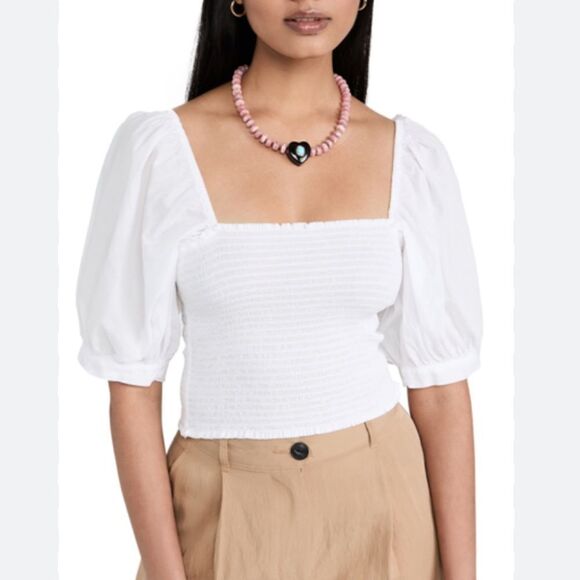 NEW Xirena Issa Shirred Cotton Crop Top White Puff Sleeve Large - Picture 1 of 6